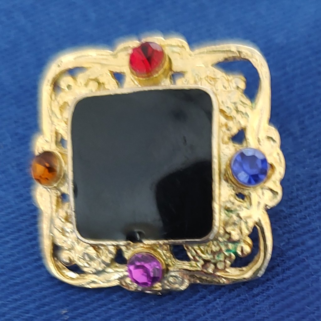 Vintage Two Sisters Black Enamel Center With Faux Gold & Rhinestones Earrings